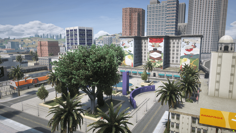 Vue urbaine de San Andreas retravaillée pour 22’Side, avec bâtiments, arbres et éclairage.